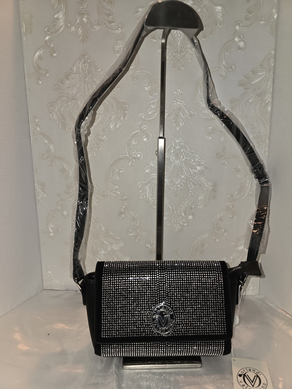 VALEBTINO ORLANDU-Emblem Rhinestone Black Crossbody Bag